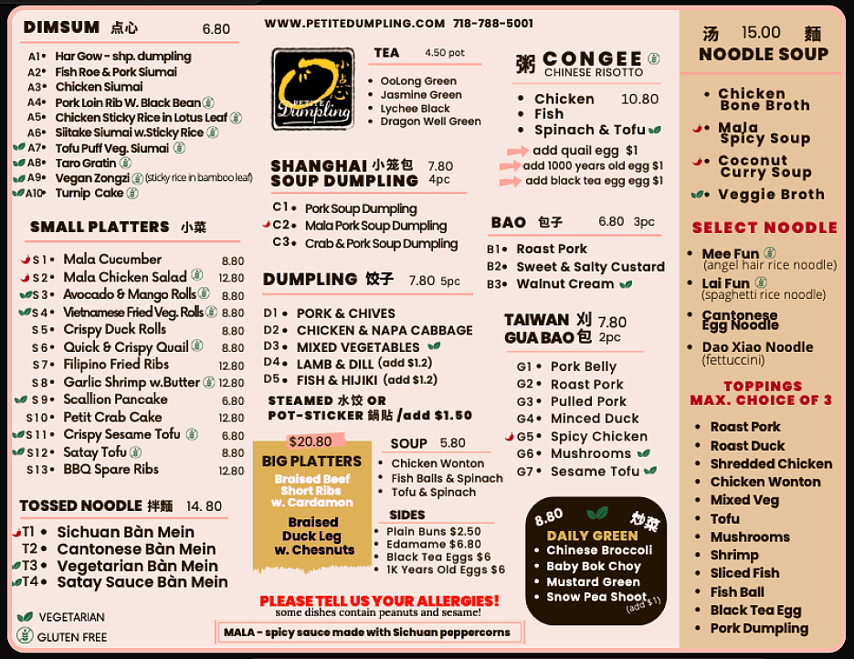 Petite Dumpling Park Slope full restaurant menu with dim sum, soup dumplings, bao, noodles, soups, small platters, big platters, congee, sides, tea, and toppings.